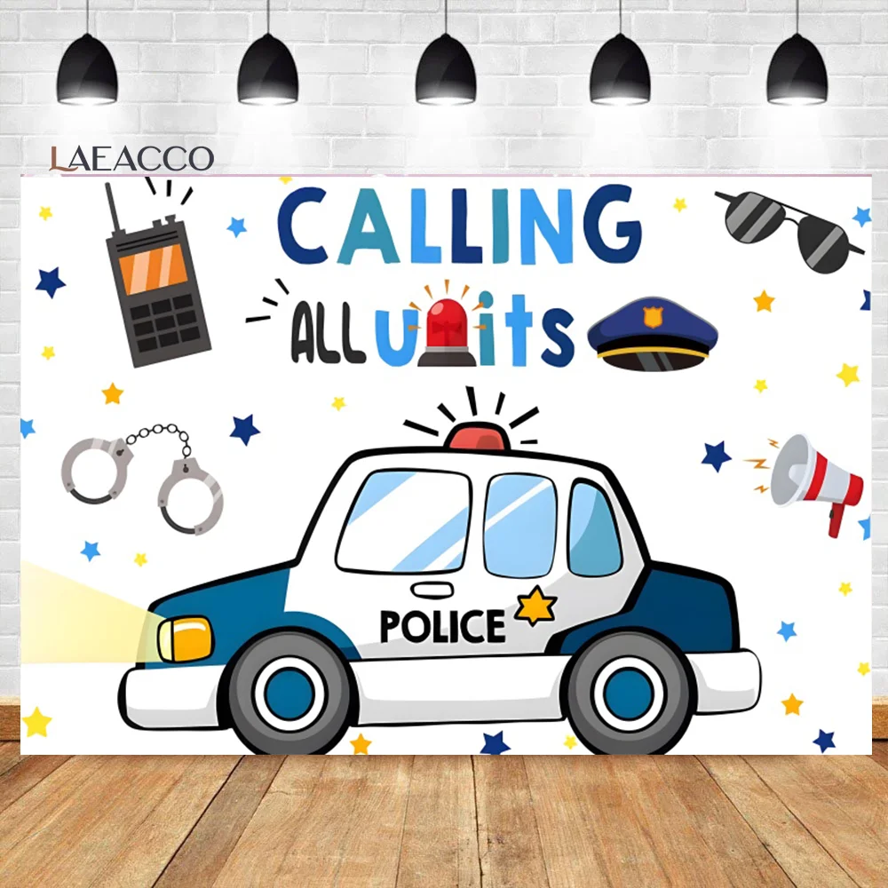 

Laeacco Kids Police Theme Birthday Backdrop Boys Birthday Policeman Car Uniform Boys Portrait Customized Photography Background
