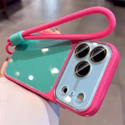 Luxury Contrast Color Glossy Phone Case with Lanyard and Full Lens Protection - iPhone 18 Pro Max (Rose Red)