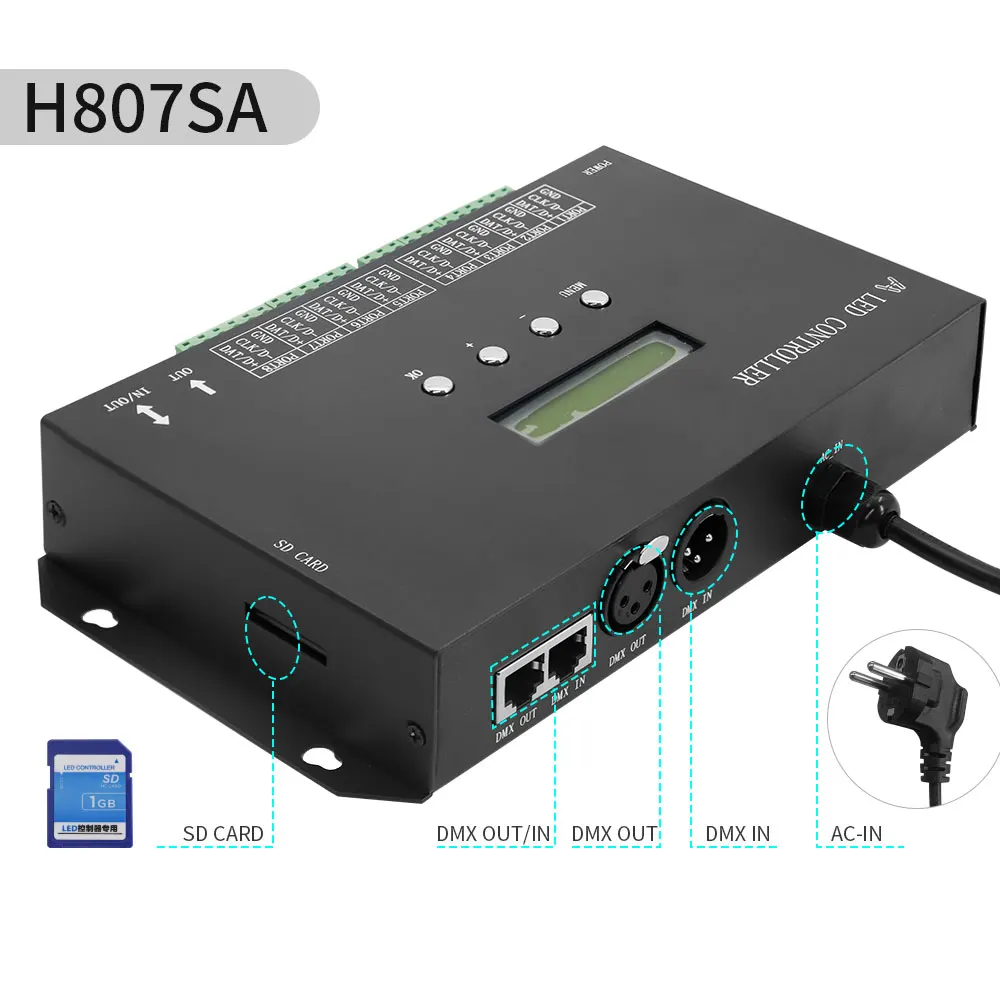 LED 픽셀 컨트롤러 Artnet To SPI, Madrix 소프트웨어 LAN 동기화 SD 카드, DMX512 콘솔 지원, H807SA, 8 포트, H807SBWiFI, 4 포트
