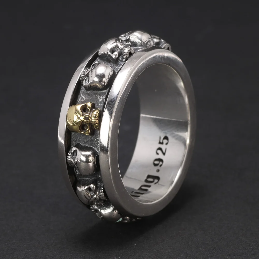 S925 Sterling Silver Rotating Spinner Skull Mens Rings Retro Punk