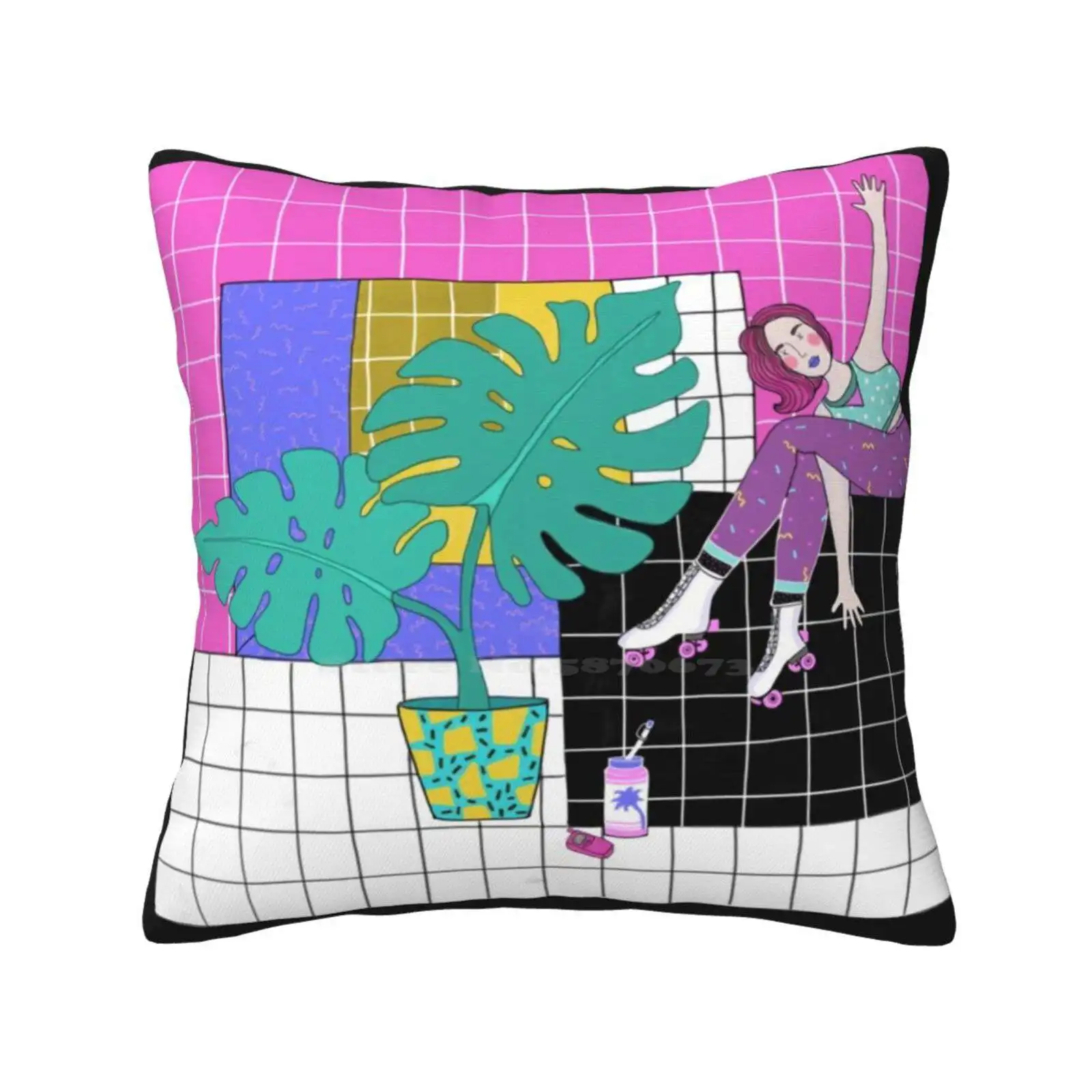 Strano Posa Dopo Il Pattinaggio 101 Cuscini Caso Camera Da Letto Decorazione Della Casa Pattinaggio Retro Grid Lady Monstera Deliciosa Anni '90 Modell