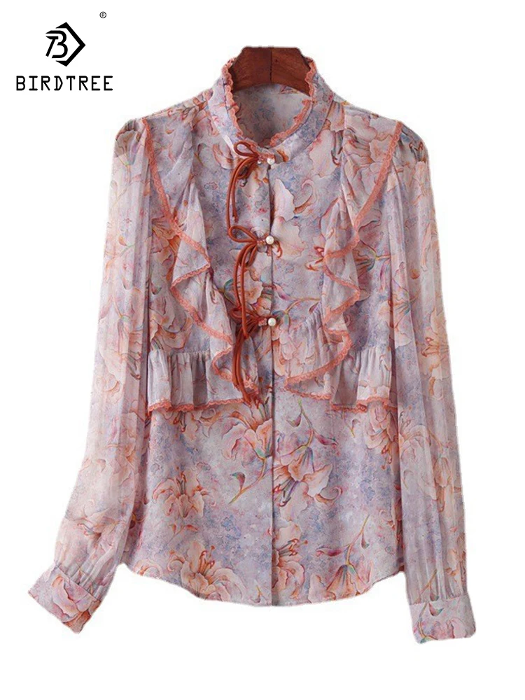 

Birdtree 100%Mulberry Silk Chinese Style Shirt For Women Summer Autumn New Ruffle Edge Handmade Buckle Printed Blouse T38043QC