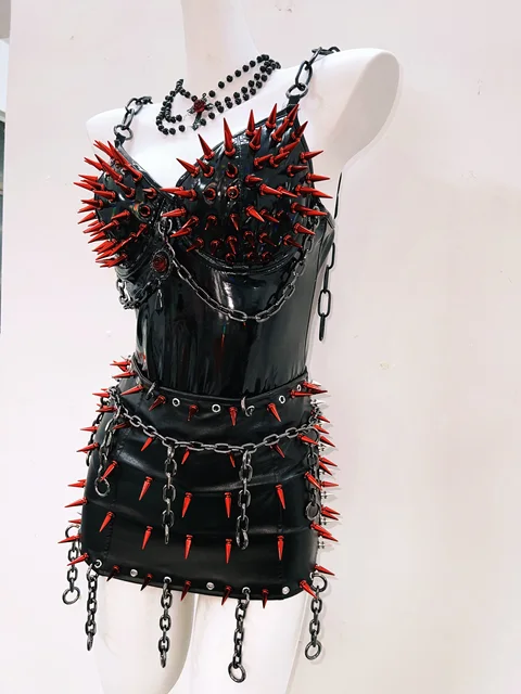 Red Spikey Chain Top and Skirt Set 3