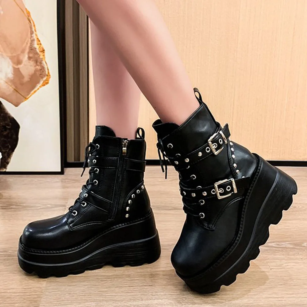 

Chunky Platform Wedges Women Motorcycle Boots 2022 Winter Cool Fashion Street Comfy Women Combat Boots