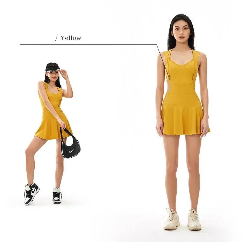 Tennis Dress Female Sleeveless Sport Suits Training Running Fitness Short Skorts Golf Badminton Tracksuits Padded Yoga Skirts