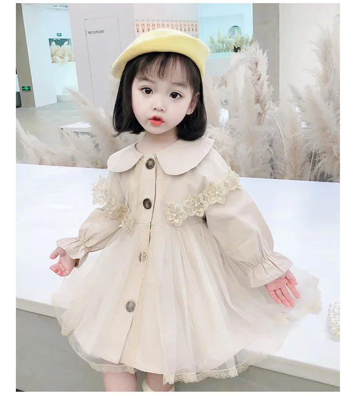 Trench Girls Windbreaker Coat Spring Autumn New Children Clothing Doll Collar Mesh Yarn Baby Middle Length Tops