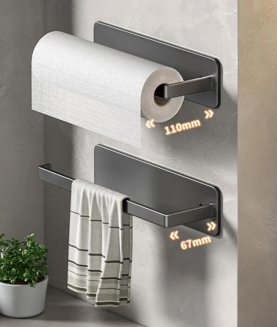 Description Picture 4 of itemPaper Towel Holder Steel Self Adhesive Toilet Roll Paper Holder No Punch Kitchen Bathroom Lengthen Rack Cling Film Tissue Hanger