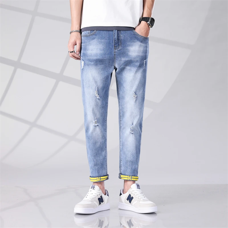 Spring/summer cropped jeans, men's printing technology, straight stretch holes, casual and versatile