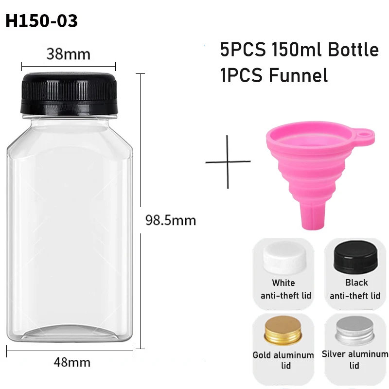 5-Pack Reusable Clear Plastic Bottles with Caps and Folding Funnel for DIY Juicing and Smoothies