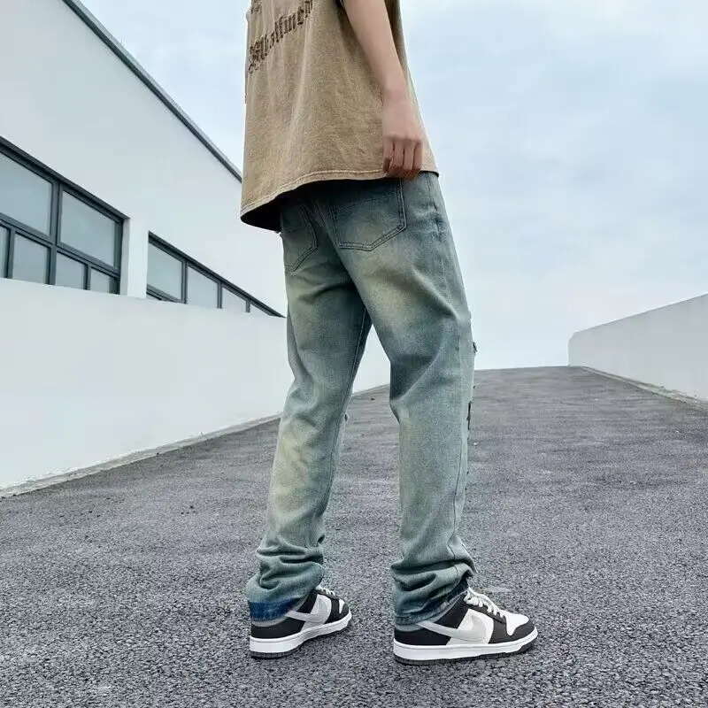 Summer Star Embroidered Word Art Jeans Men's Ripped Casual Slim Cotton Stretch Scratch Blue Gradient Splashing Ink Pants Hole 24