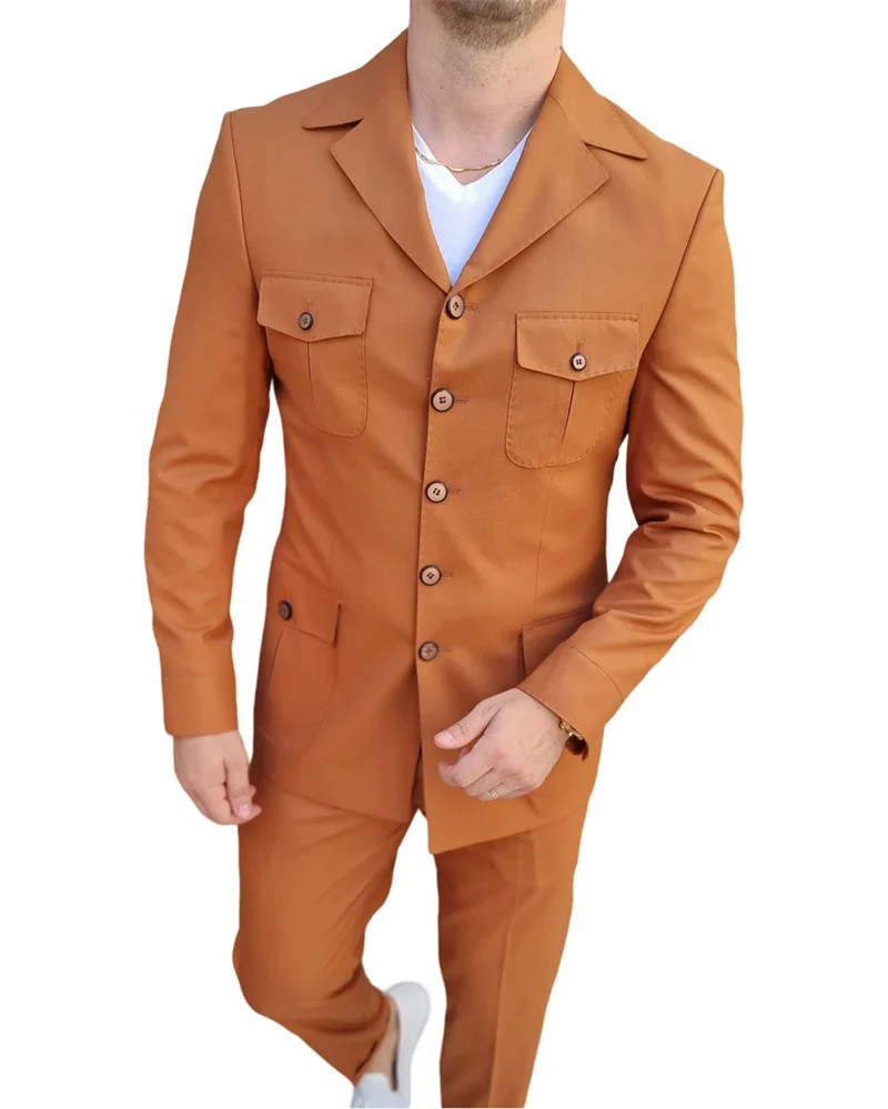 Notch Lapel Safari Men Suits For Outdoor Prom 2 Pcs Wedding Tuxedo Made Single Breasted Blazer With Pants