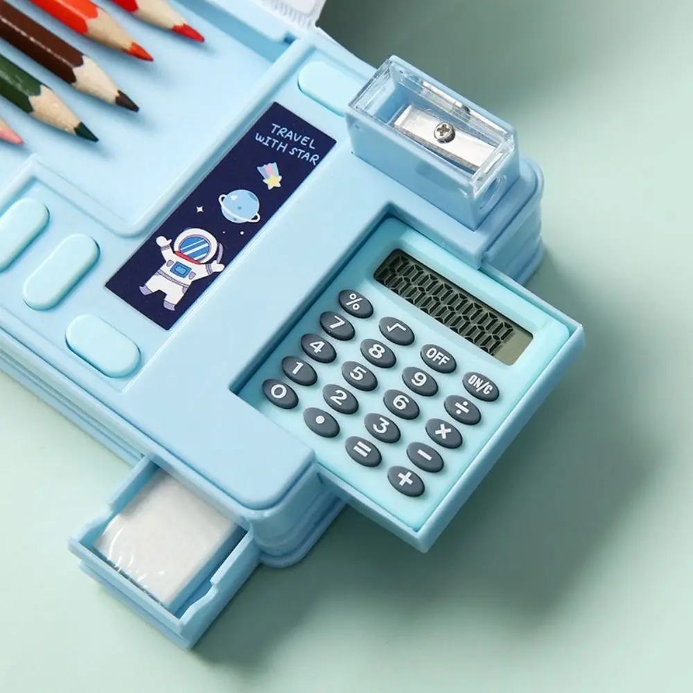 Dual-Sided Fun Mechanism Plastic Pencil Case with Built-In Calculator and Sharpener