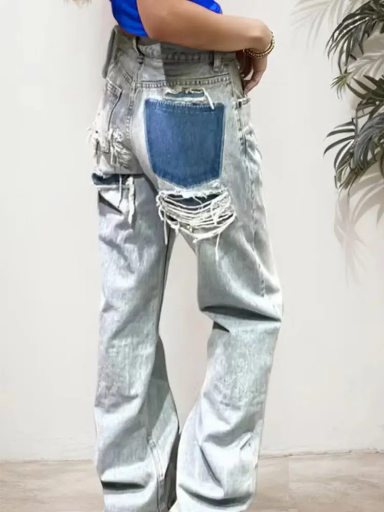 HH Women Fashion Broken Holes Decorated Denim Pant Jeans High Waist Zipper Trousers Vintage High Street Lady Wide leg Jeans