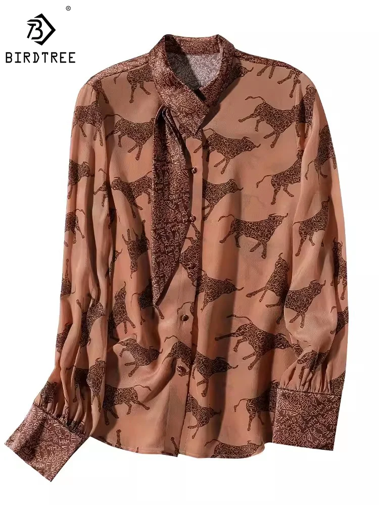 

Birdtree 100%Real Silk Heavyweight Elegant Shirts Bull Print Stand Collar Tie Fashion Blouses Vintage Autumn Winter Top T38881QM