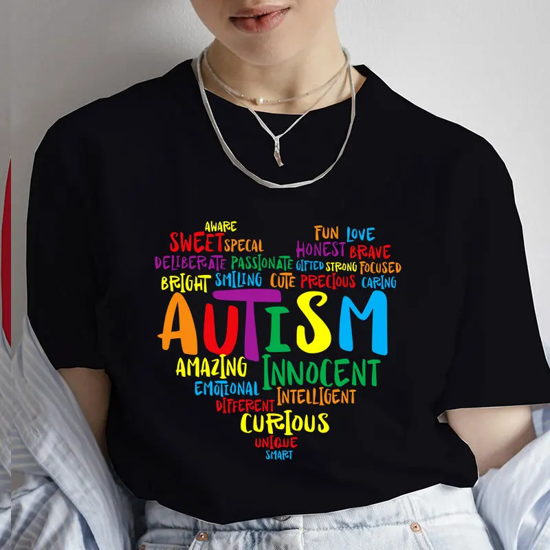 

Autism Awareness Heart Print Y2k Graphic T-Shirt Women Clothes Short Sleeve Tees Female Clothing Tops Harajuku Oversized Tshirt