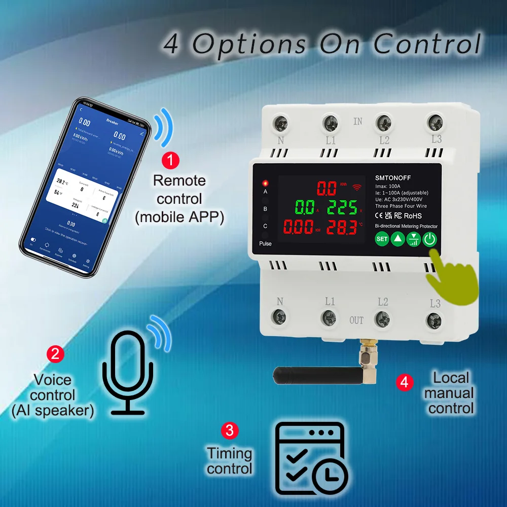Tuya WiFi Three Phase 4P 100A Auto-Reclosing Over Under Voltage Protector Prepai