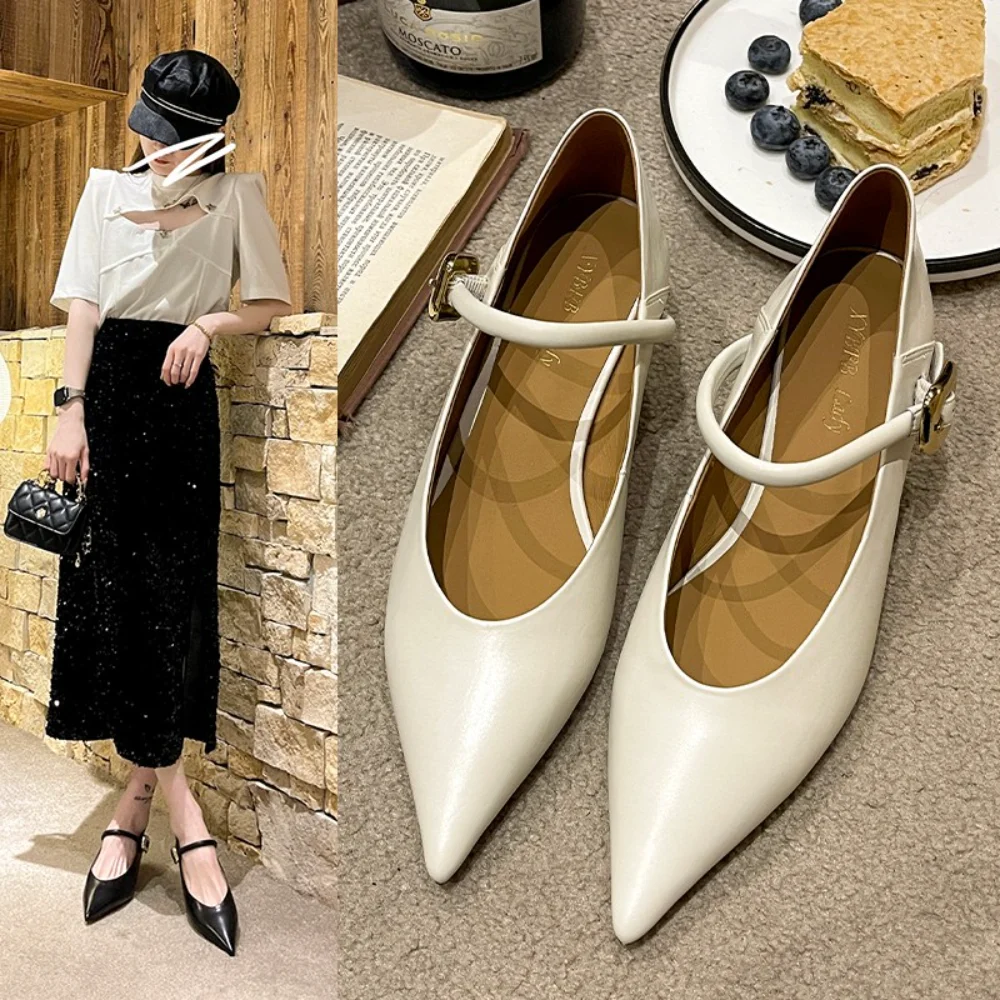 

Pointy Flat Single Shoes Women's New Leather Temperament Shallow Mouth One Word Buckle Low Heel Mary Jane Shoes