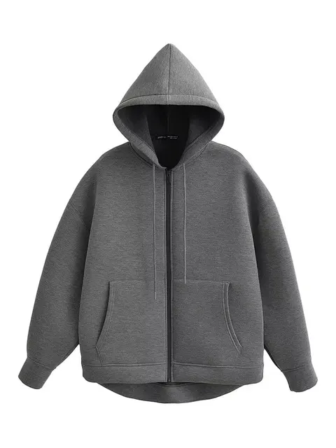HH Autumn Women Gray Jacket With Hood Long Sleeve Big Pocket Zipper Jacket Coat Woman Loose Casual Outerwear Coat Tops 2