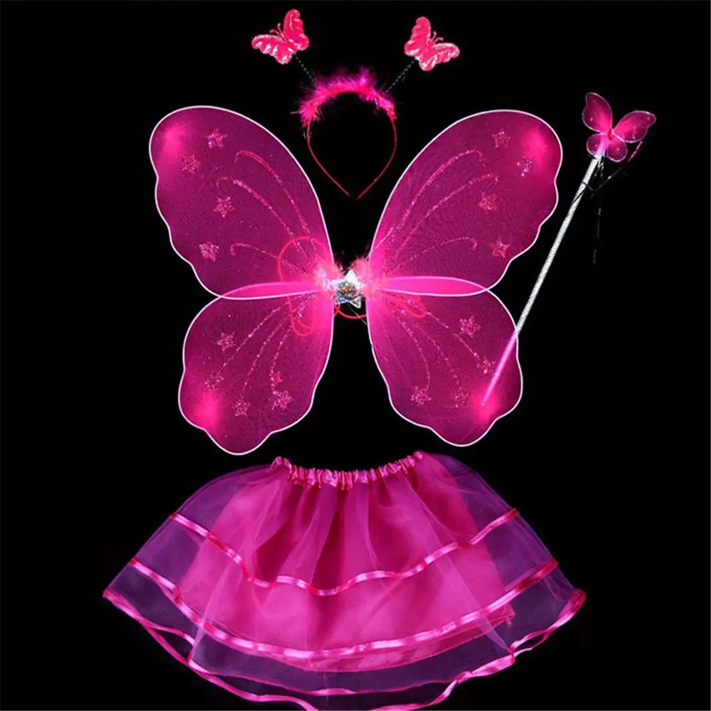 Colorful Kids Girls Fairy Princess Costume Sets Stage Wear Butterfly Wings Wand Headband Tutu Skirts 4Pcs