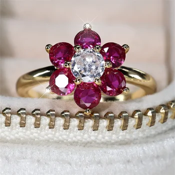 Charm Cherry Flower Rings For Women Rose Red Stone Cocktail Ring Wedding Bands Antique Gold Color CZ Engagement Party Jewelry