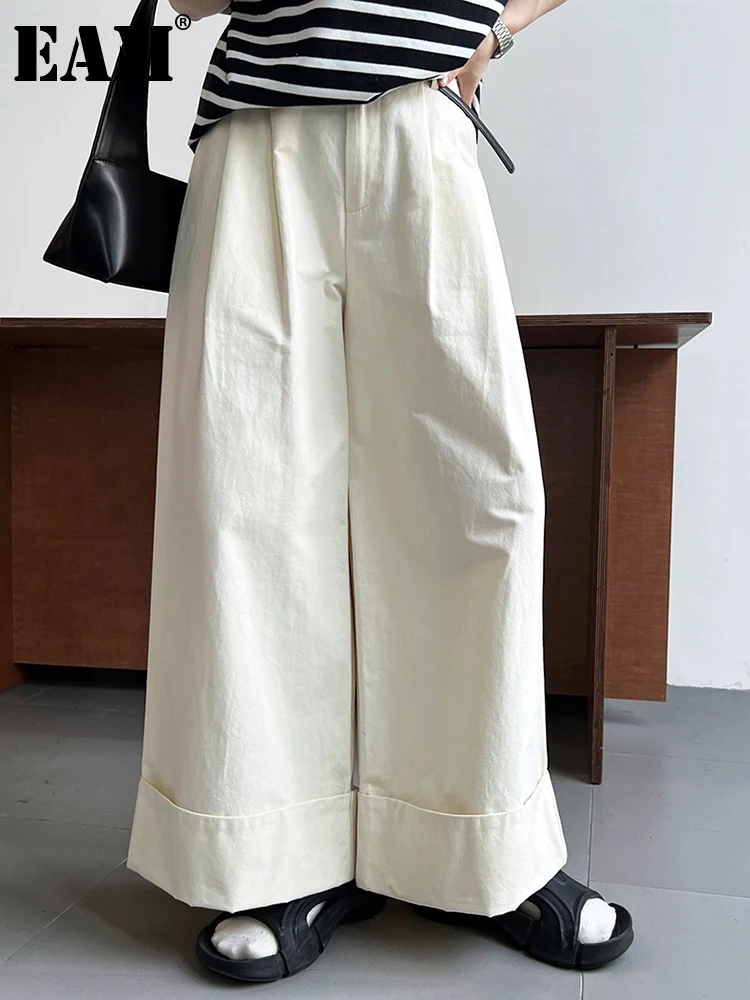 EAMHighWaistBeigeHemFoldLongWideLegPantsNewLooseFit