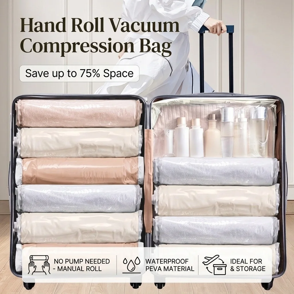 Travel Packing Vacuum Storage Bags PEVA Waterproof Space Saving Seal Pouch Manual Air Release for Clothes Luggage Organizer