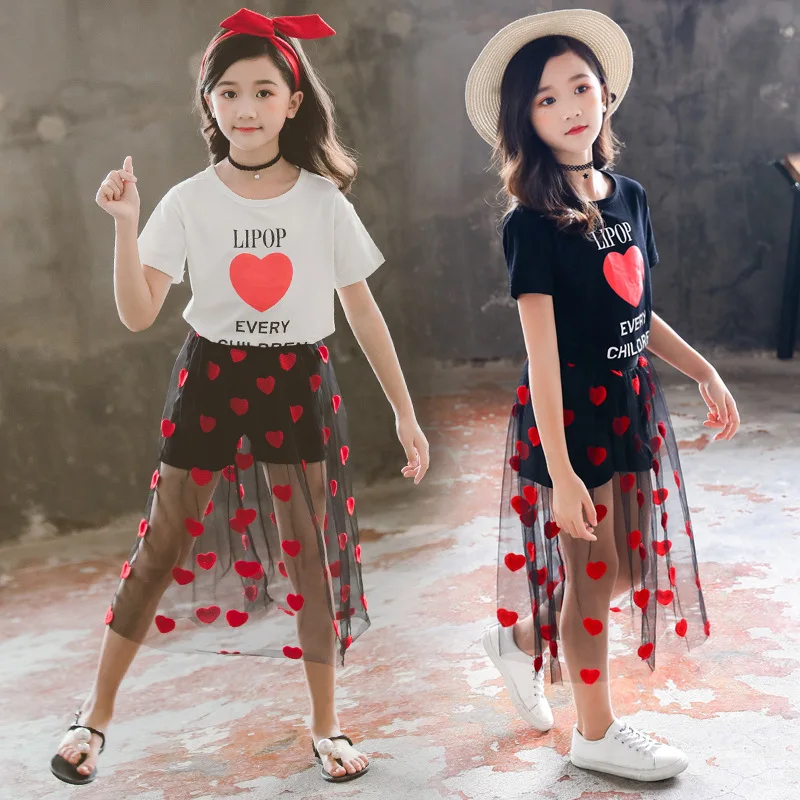 

Summer Children Clothing Sets for Girls T-shirt + Gauzy Skirt 2pcs Outfits Love Heart Pattern Kids Clothes Girls Party Costume
