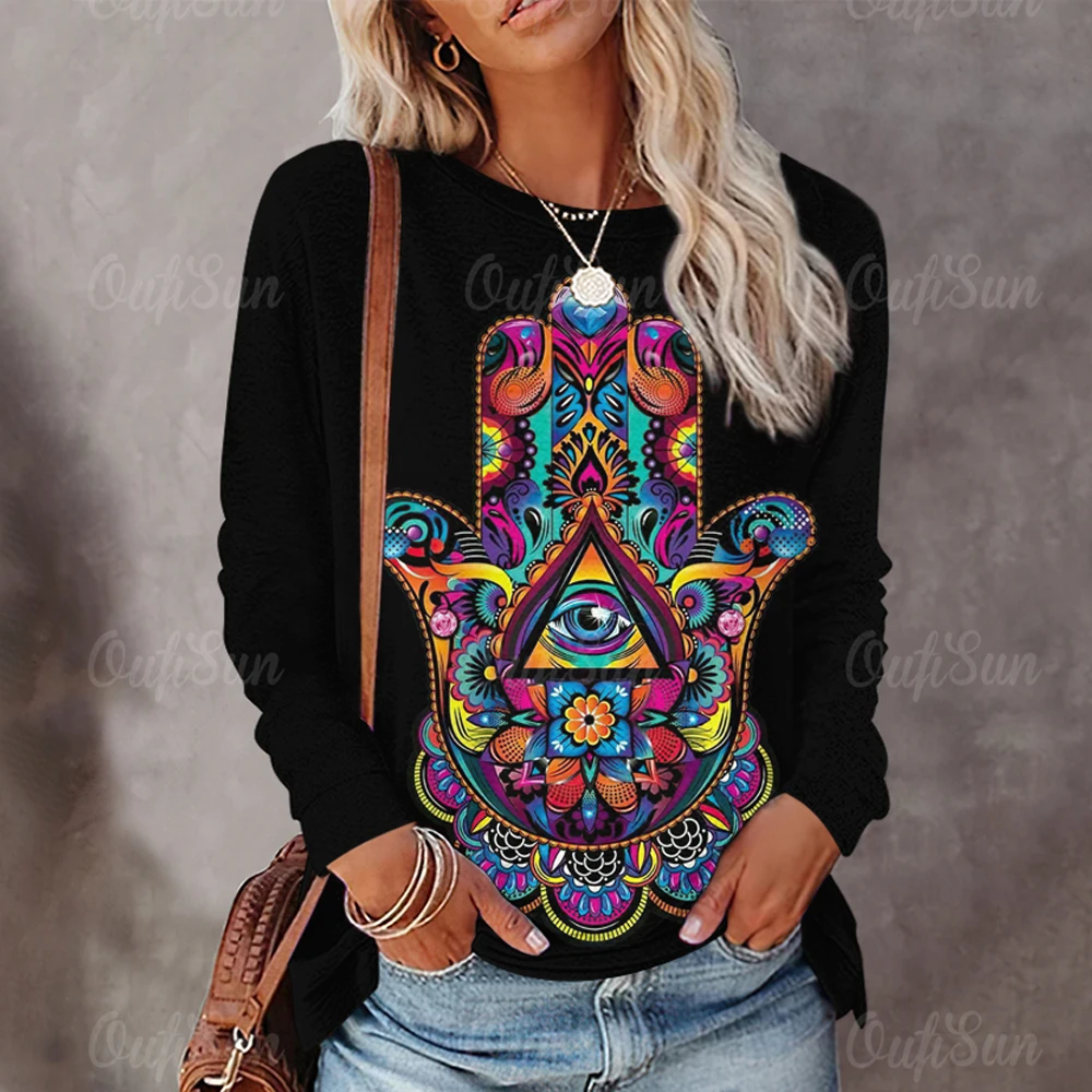 

Women's Long Sleeve Top Simple And Versatile Hamsa Hand Of Fatima Amulet Casual Trend 90's T-Shirt Printed Pattern Loose T-Shirt