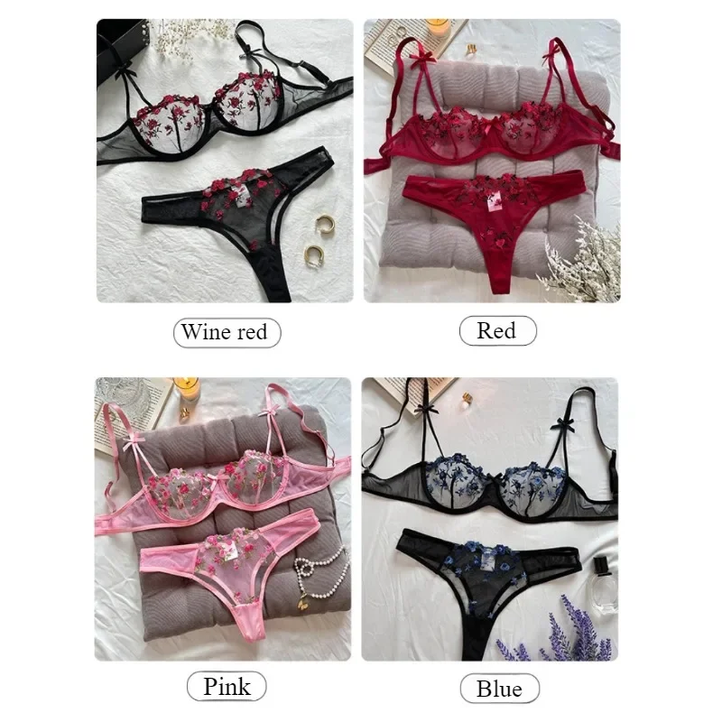 Y Women's French Underwear Ink Painting Embroidery Butterfly Mesh Lace Bra Set Thin Cotton Cup Large Chest Show Small Bra