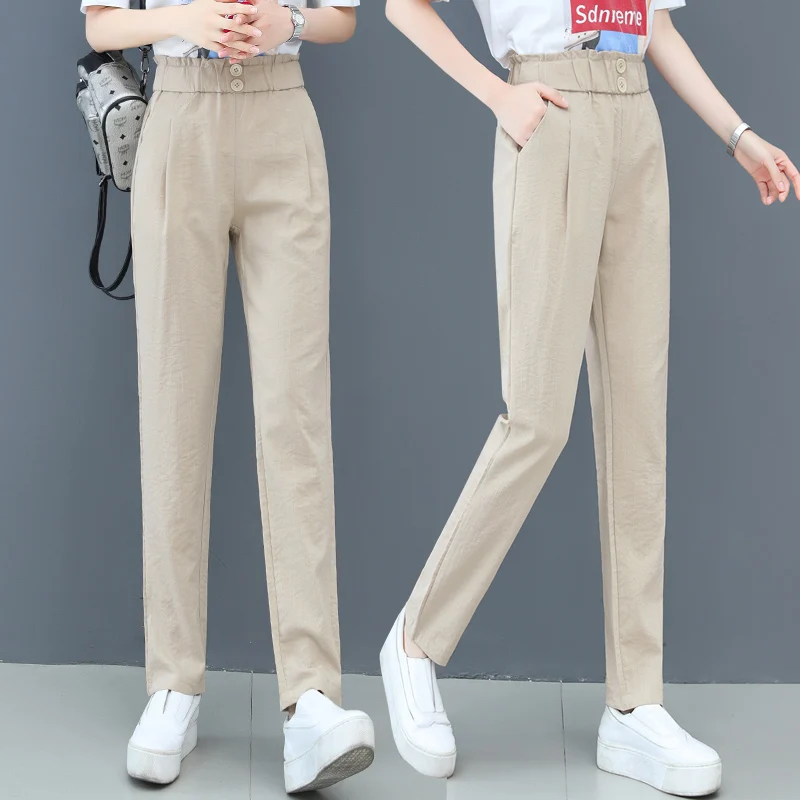 

Solid Ice Silk Casual Pant 2023 Spring/Summer New Elastic High Waist Slim Harun Pants Versatile Commuter Straight Tube Trousers