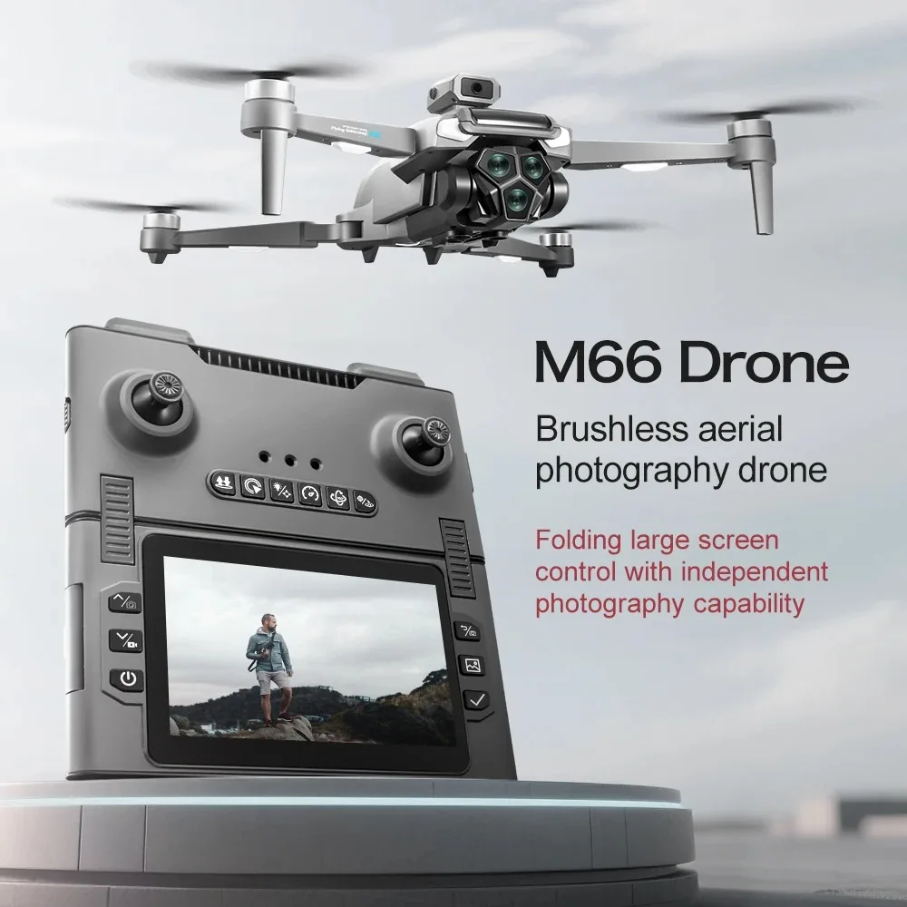 Vue rapprochée du drone M66 MAX sans balais avec son rotor et sa caméra, conçu pour la photographie aérienne professionnelle et 27 min de vol.