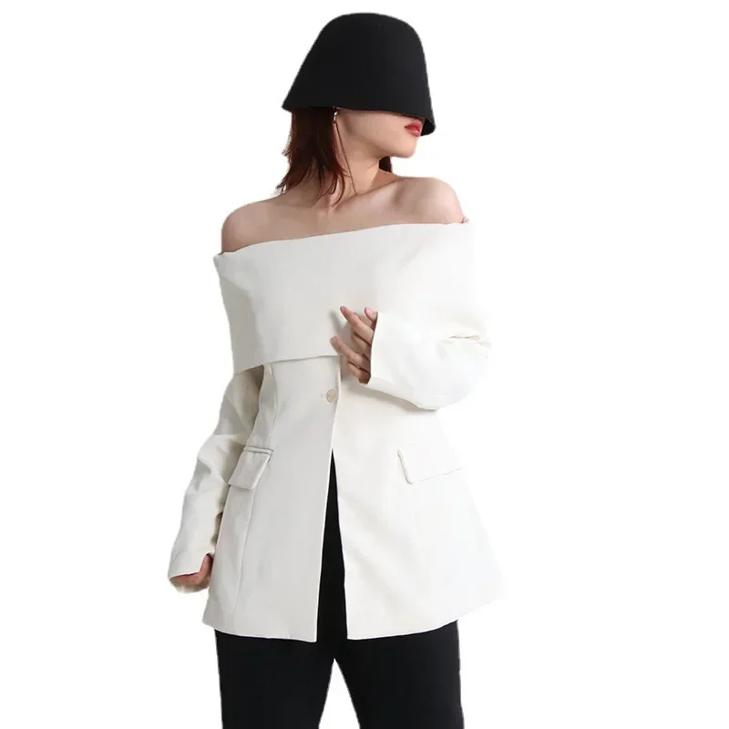 Women‘s Off-shoulder Sexy White Suit Jacket Spring Fashion Chic Slim Suits Vintage Office Ladies Business Work Wear Formal Coat