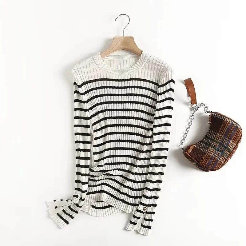 

Jenny&Dave England Style Office Lady Fashion Striped Buttons Side Of Sleeve Knitwear Casual Sweaters Women Tops