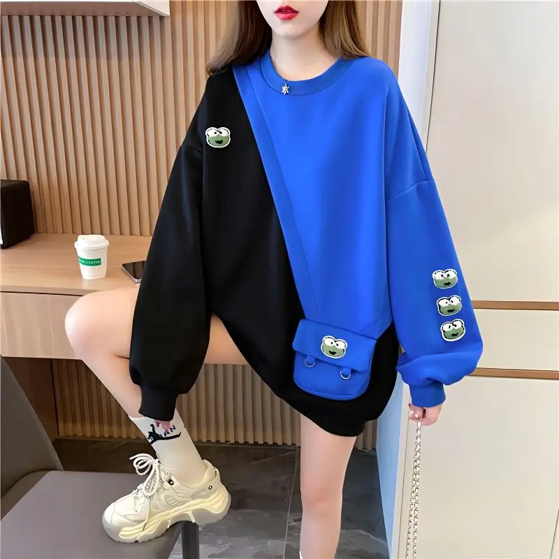Young Style Streetwear Loose Casual Solid Women's Clothing Patchwork Pocket Printing Long Sleeve O-neck Pullovers Sweatshirts