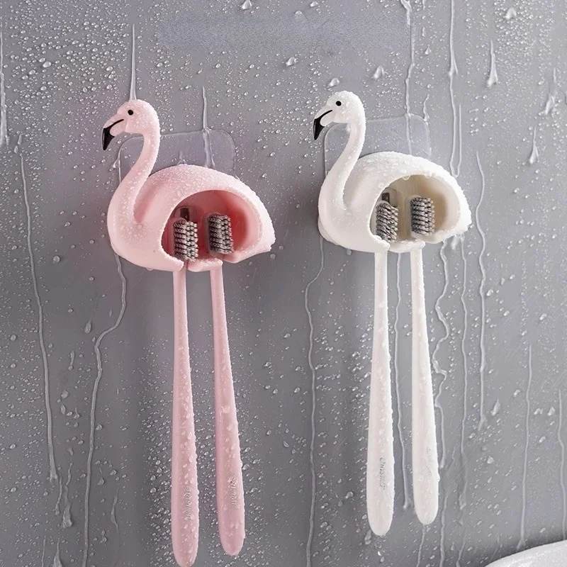 Flamingo Cat Wall-mounted Toothbrush Rack Punch-free