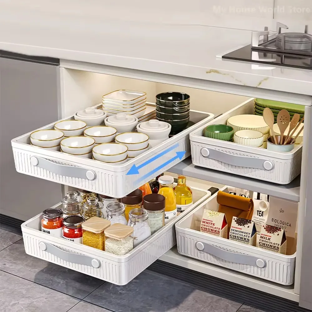 Kitchen Drawer Storage Rack Cabinet Pull Out Organizer Box No Installation of Sliding Rail Seasoning Storage Tray Sink Bowl Rack 4