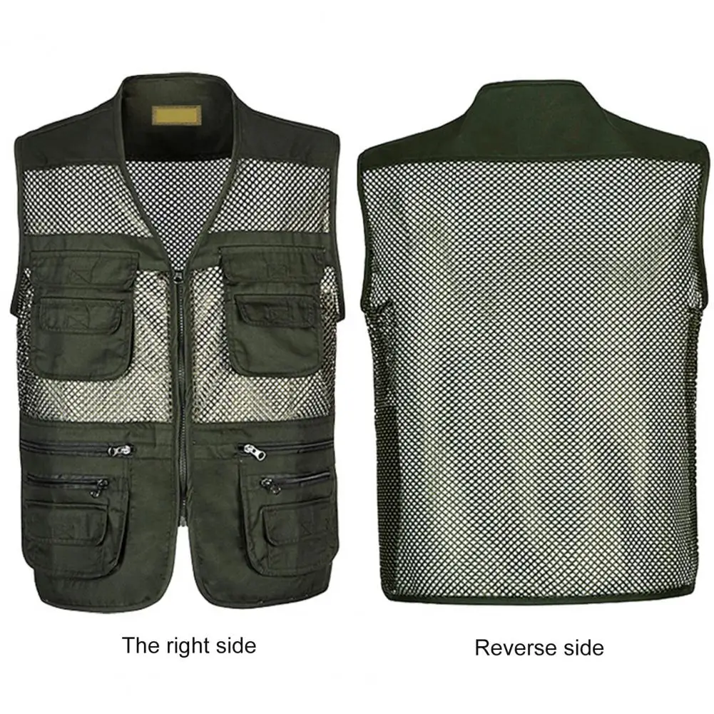 Multi Pockets Jacket Lightweight Mesh Outdoor Sports Vest for Summer Zipper Closure Waistcoat for Work Wear Camping Fishing Men