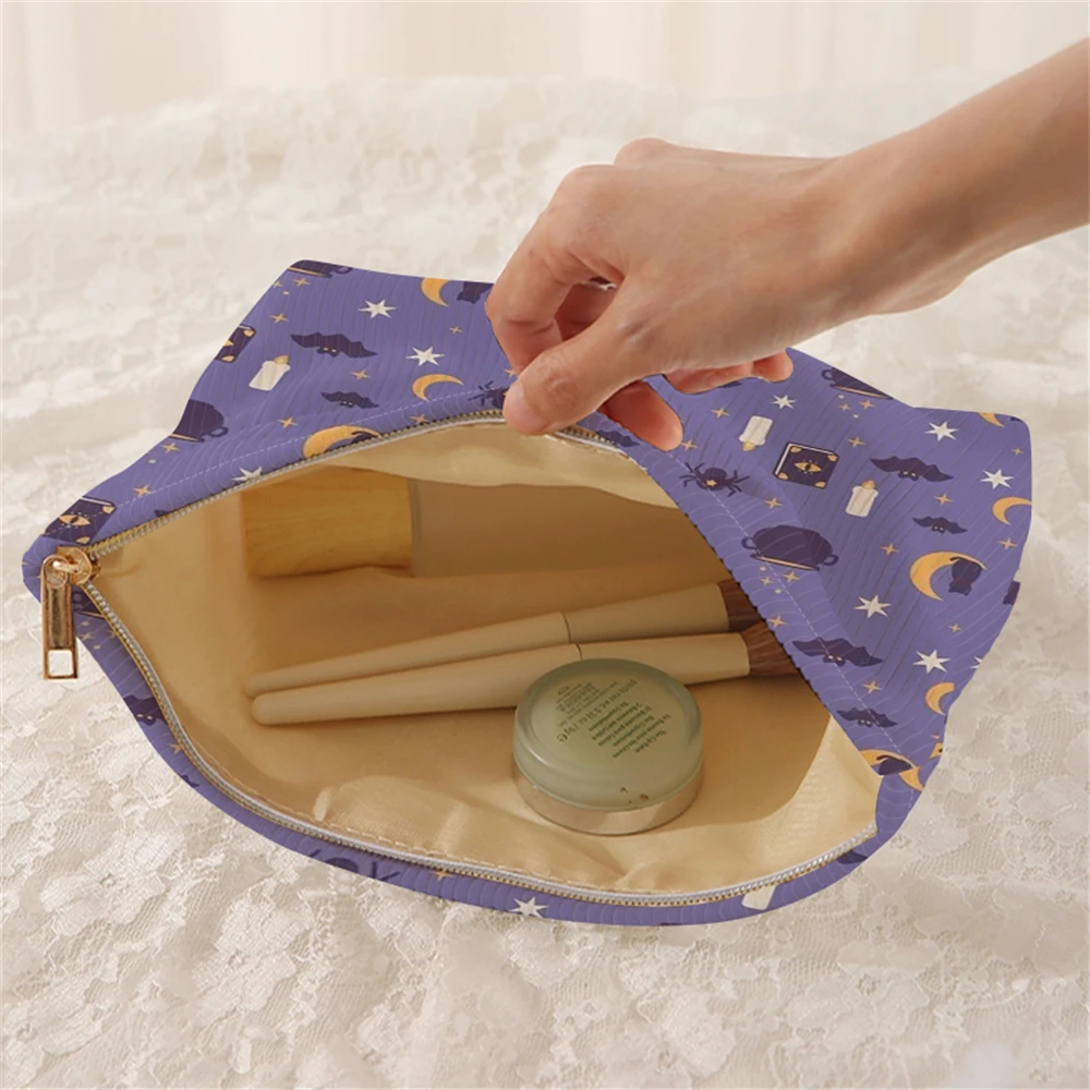 1 bat and star patterned corduroy makeup bag, lightweight zipper makeup storage box, multifunctional bag with lining