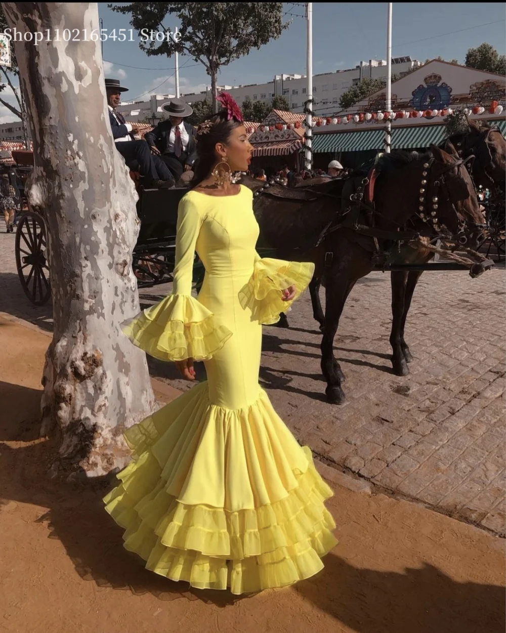 Women Prom Dresses Yellow Flamenco Mermaid Prom Dress Spanish Ruffles Tiered Long Sleeves Evening Formal Party Wear Customized
