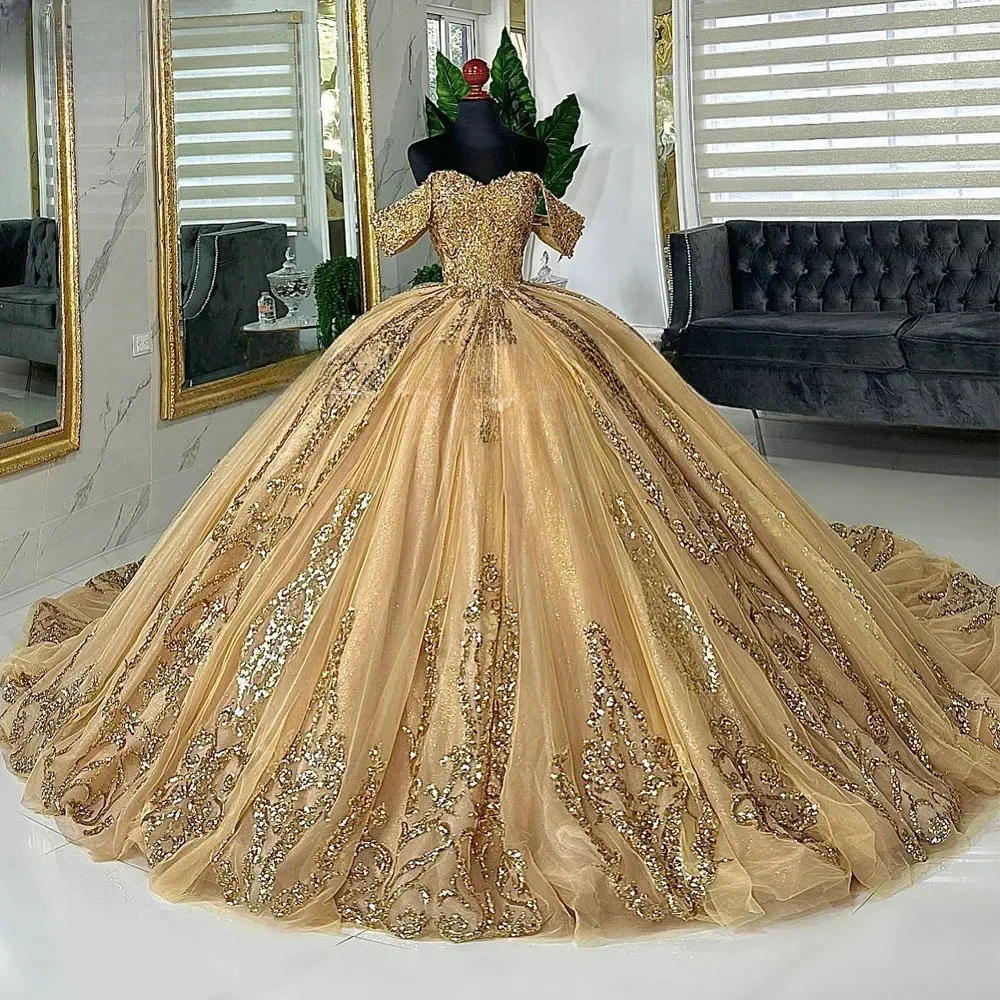 gold quinceanera prom dresses Glitter Gold Ball Gown Off The Shoulder Quinceanera Dress Formal Dress