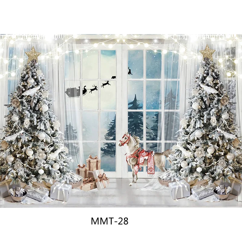 

SHENGYONGBAO Christmas Tree Flower Wreath Wooden Gift Photography Backdrop Window Snowman Cinema New Year Background Prop HH-110