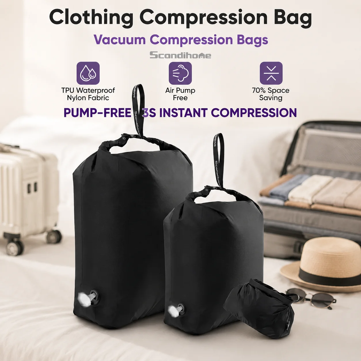 Luggage Vacuum Compression Bag Pump Free Reusable Vacuum Storage Bag 70% Space Save Waterproof Travel Clothes Sealed Packing Bag