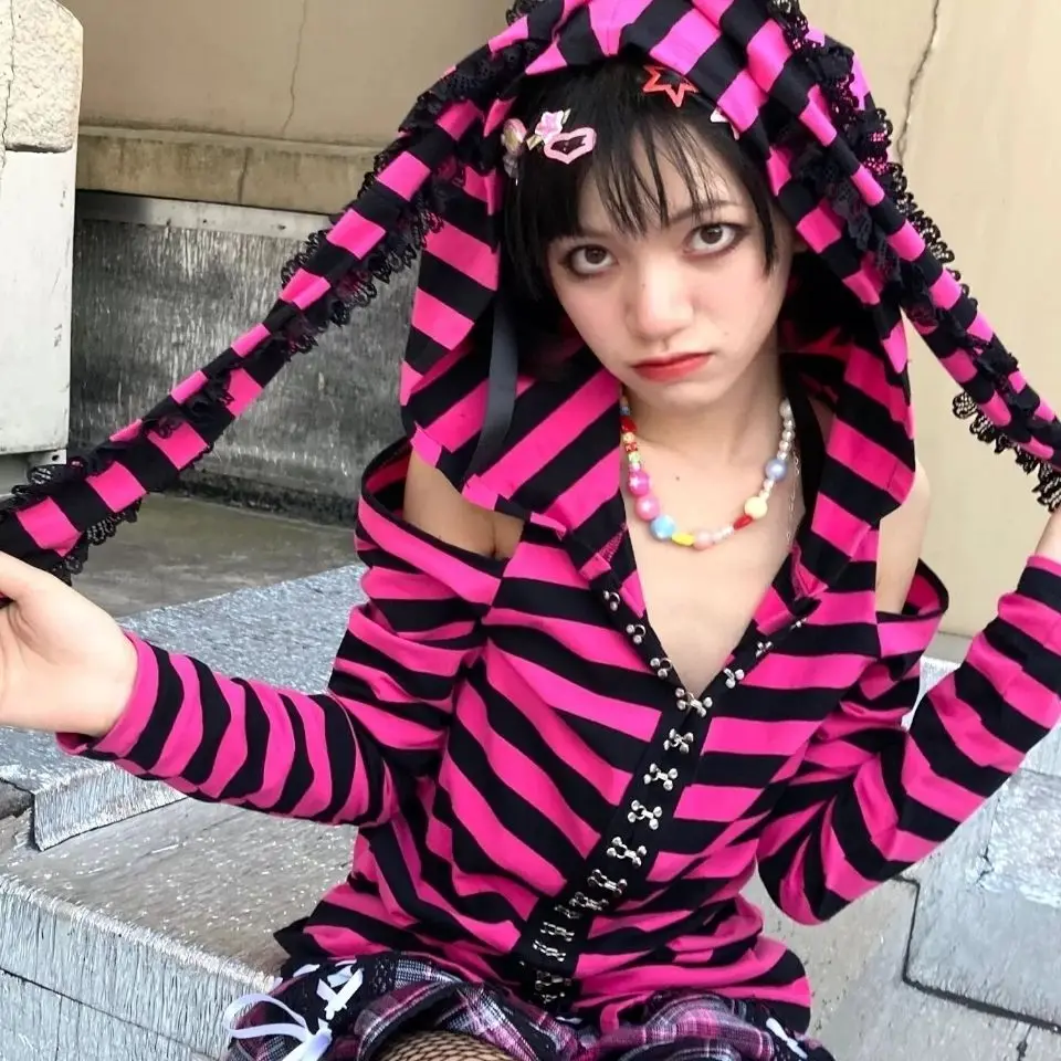 

Kawaii Striped Long Sleeve Women Hoodie Pastel Goth Harajuku Fairy Grunge Shirt Y2k Aesthetic Graphic Punk Gothic Streetwear