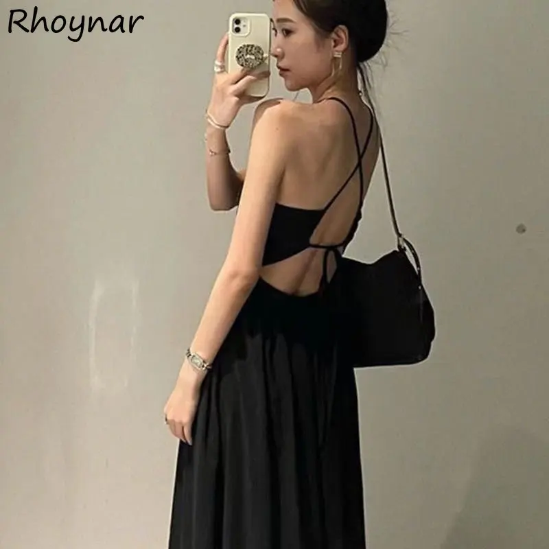 Black Backless Bandage Dresses Women Summer Sexy V-neck Hotsweet Gentle Holiday French Style Maxi Vestidos Pure Chic Defined New