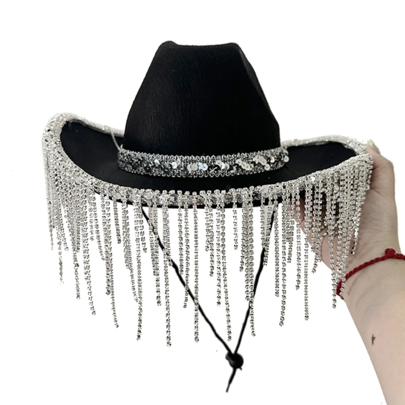 

Handmade Wedding Party Bride Cowgirl Hat with Dangle Brim Bridal Western Shinning Fedoras Hat Sunproof Dropship
