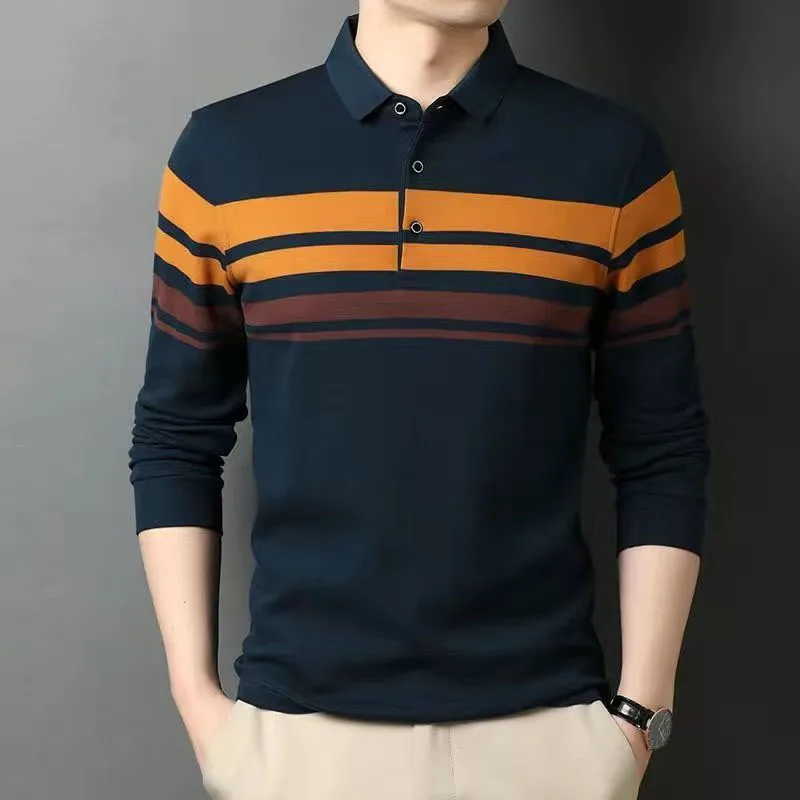 

Cotton Men Fashion Striped Polo Shirts Spring Autumn New Loose Clothing Lapel Pullover Tee Business Casual Long Sleeve Tops 2022