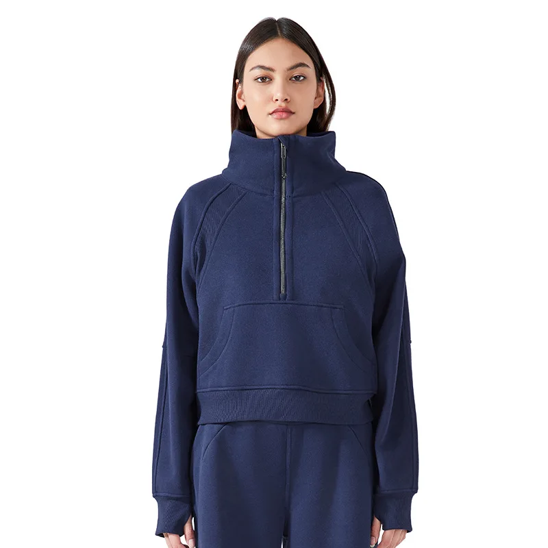 Mermaid Curve Half Zip High-standing Collar Pullover Women's Top Warm Fleece Thickened Sports Sweat for Autumn and Winter