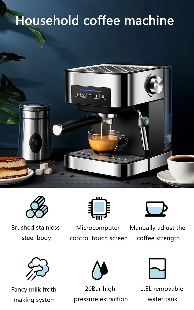 Description Picture 2 of item1.5L Household Coffee Machine Semiautomatic Italian Espresso Coffee Maker 20Bar Pressure Cappuccino Moka Steam Milk Frother