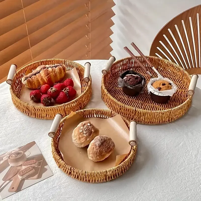 1/3 Piece Hand Woven Imitation Rattan Round Storage Tray Wooden Vintage Imitation Rattan Fruit Basket Snack Tray Storage Tray 2