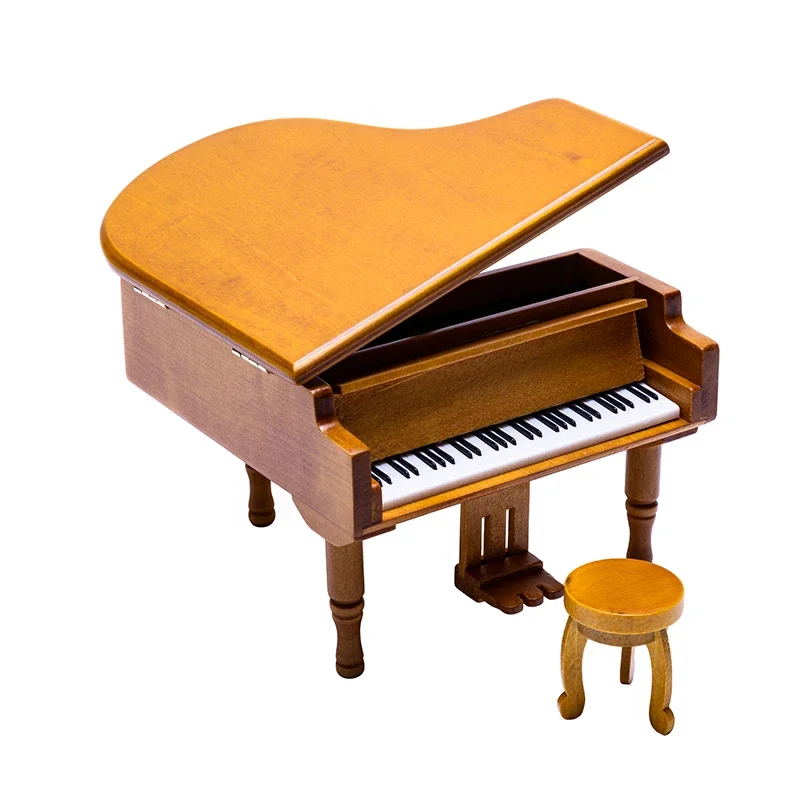Birch Piano Music Box with Round stool and Jewelry storage for Christmas/Birthday/Valentine's Day, Tone: CANON